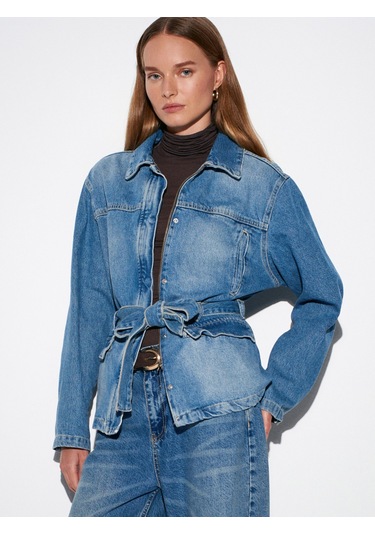 Dilvin 65379 %100 Pamuk Kemerli Kot Ceket-mavi Mavi