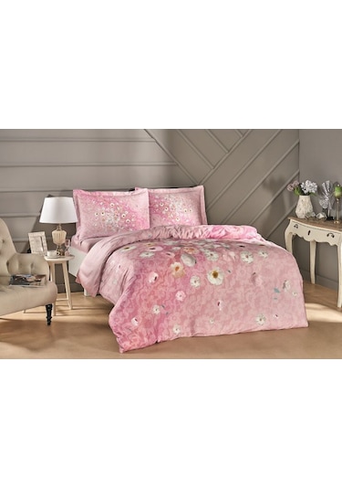 Taç Pamuk Saten Nevresim Takım Serlina Pembe Çift Kişilik Pembe