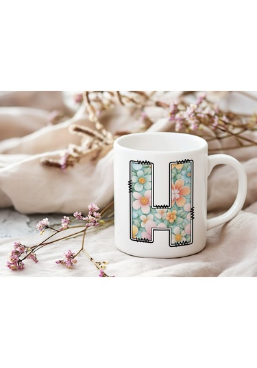 H Harfli Pastel Çiçek Desenli Kahve Kupası - Kişiye Özel Çiçekler Koleksiyonu Bardak - Hediye Beyaz
