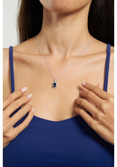 Erdobia Safir Taşlı Rodyum Tektaş Baget Gümüş Kolye N10171