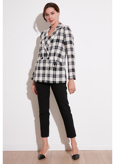 Lela Regular Fit Kruvaze Yaka Tüvit Blazer Bayan Ceket 611Ce0310 Siyah