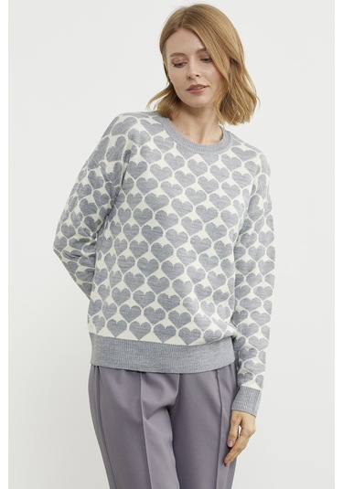 Kalp Desenli Sıfır Yaka Triko Kazak - Gri 001
