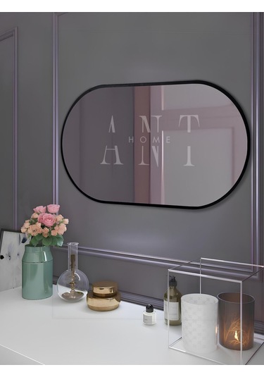 Dekoratif Ayna Duvar Aynası Konsol Aynası Mdf Elips Ayna 90x50 Cm 90 X 50 Siyah