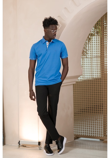 Paul Martin Regular Fit Yaka Garnili Pamuklu Polo Yaka T-shirt Sax