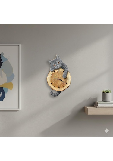 Cajuart Kütük Üzerinden Bakan Gri Kedi Tasarımlı Duvar Saati Modern Dekoratif Saat Kahverengi