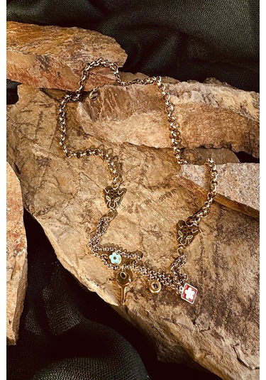 Kaplan Model Anahtar Tasarım Zirkon Taşlı Örgü Zincir Kadın Paslanmaz Çelik Gold Renk Kolye Altın