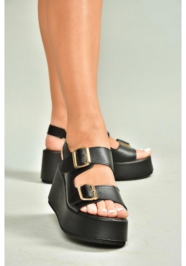 Fox Shoes U946418509 Siyah Dolgu Topuklu Kadın Ayakkabı Siyah-suni Deri