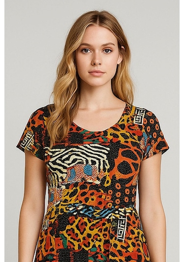 Dökümlü Rahat Kalıp Günlük Penye Kumaş Elbise Kahverengi