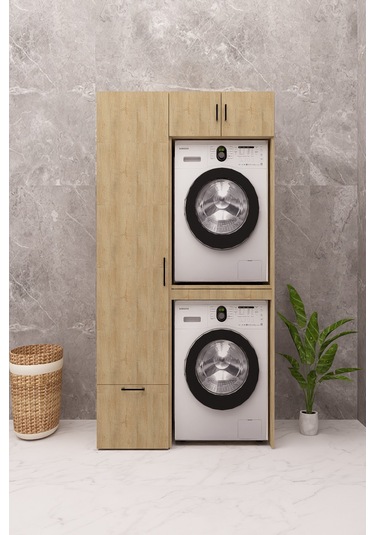 Mdf Çamaşır Makinesi Ve Kurutma Makinesi Dolabı Ütü Masalı Ahşap Lefkas Meşe