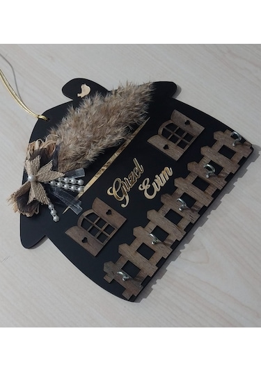 Güzel Evim Siyah Ahşap Anahtar Askılığı Duvar Askılı Anahtarlık Siyah