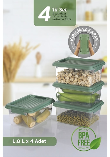 4'lü Set - 1800 Ml Kilit Kapaklı Erzak Saklama Kabı Difriz Buzdolabı Düzenleyici Saklama Kutusu Mint Yeşil