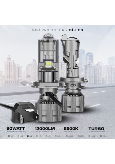 H4 Bi-LED Mini Projektör Lens 90W 16000LM
