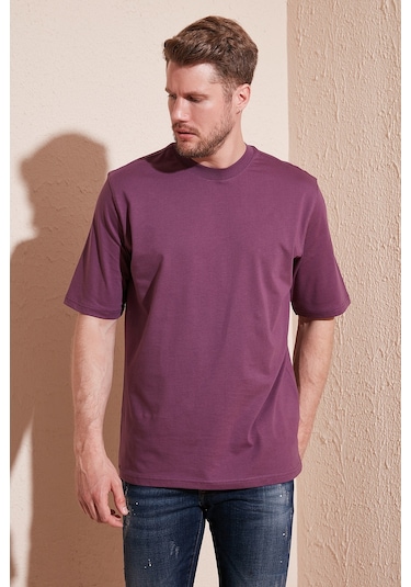 Buratti Pamuklu Oversize Bisiklet Yaka Basic Erkek T Shirt 5902365 Mürdüm