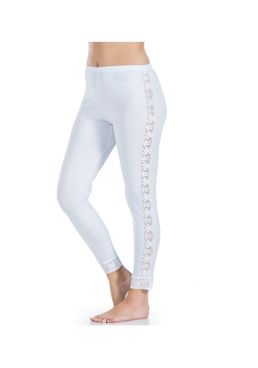 Dantel Şeritli Uzun Kadın Tayt 416 Beyaz