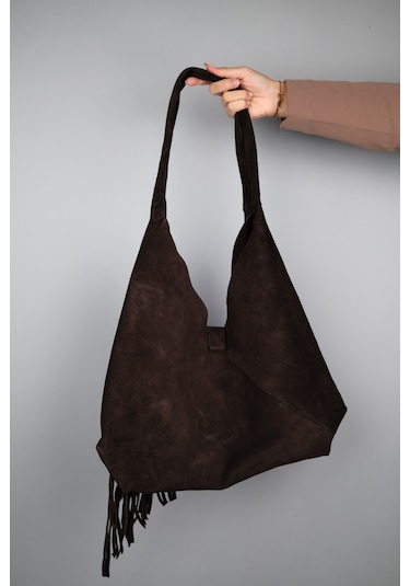 Rosalın Kahve Hakiki Süet Deri Püsküllü Kadın Omuz Çantası Kahverengi