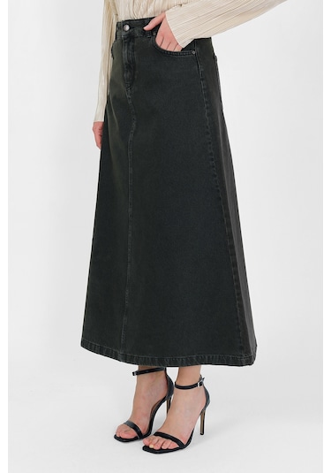 Yüksek Bel A Kesim Denim Etek Haki