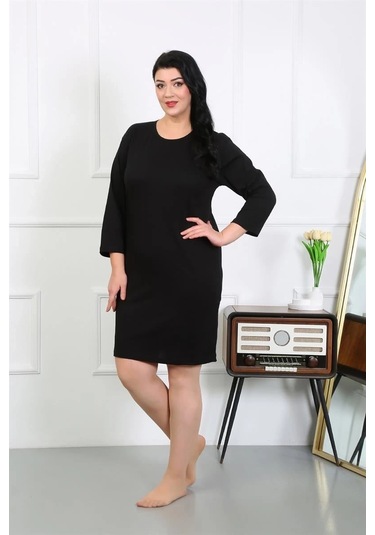 Giyim Kadın Büyük Beden Penye Gecelik Ev Elbisesi Siyah Siyah