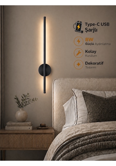 Flame Sarjlı Led Aplik 8w 3200k Gün Işığı 75cm Duvar Tipi /tablo Dekoratif Işık Siyah