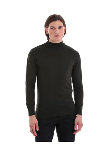 Hatemoğlu Haki Regular Fit Düz Yarım Balıkçı Yaka Yünlü Triko Kazak Haki