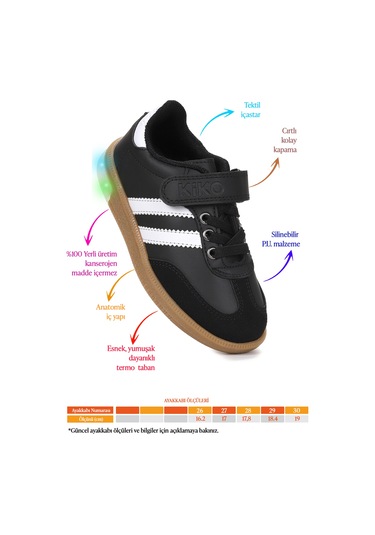 Kiko Kids Renis Günlük Cırtlı Işıklı Kız Çocuk Spor Ayakkabı Siyah - Beyaz Siyah - Beyaz