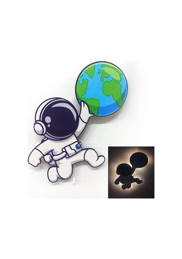 CajuArt Dünya Astronot Ahşap Led Işıklı Çocuk Odası Duvar Tablosu