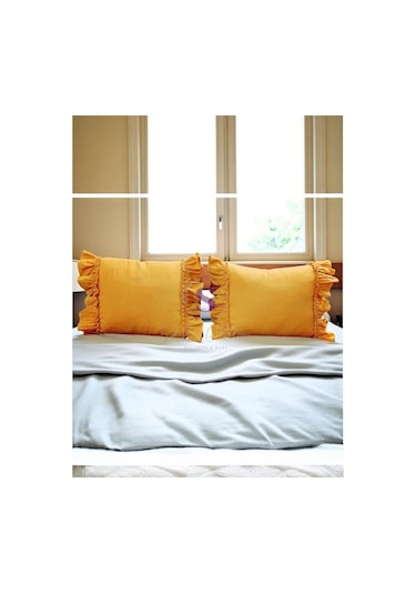 Oksit Sarı Keten Bohem Fırfırlı Vintage 2'li Dikdörtgen Kırlent Kılıfı Sarı