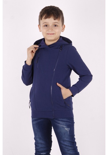Toontoy Erkek Çocuk Cepli Fermuarlı Asimetrik Kesim Hırka Lacivert