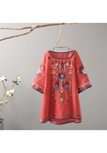 Lüks Nakış Çiçek Tees Kadın Çin Tarzı Klasik Gevşek Gömlek Casual Vintage O Boyun Kısa Kollu Yaz Bluz Tops Sari