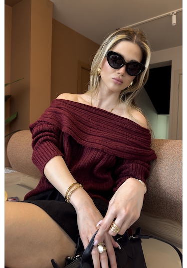 Lela Oversize Fit Madonna Yaka Triko Bayan Kazak 4615216 Bordo