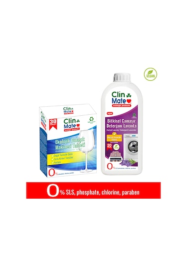 Clinmate Ekolojik Bulaşık Makinesi Deterjanı 30 Tablet + Bitkisel Çamaşır Deterjanı Lavanta 750 ML