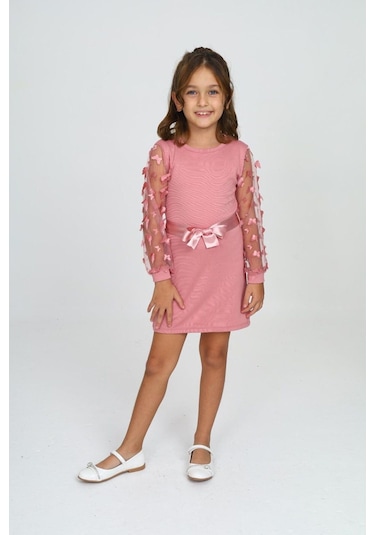 Belden Bağlamalı Tül Detaylı Çocuk Elbise Mykids Collection Pembe