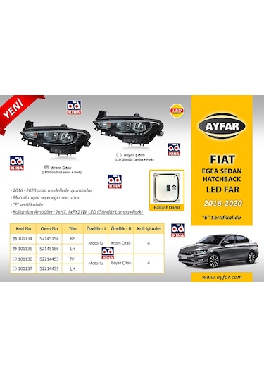 101137 Zenon Balastlı Far Sol Egea 16-20 Beyaz Çıtalı - Led Drl+park+motorlu