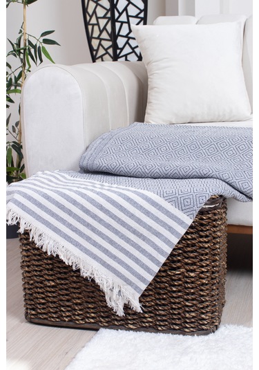 Pamuklu Püsküllü Elmas Desenli Koltuk Örtüsü 170x210 Cm Dekoratif Kanepe, Yatak Ve Tv Örtüsü Koyu Gri