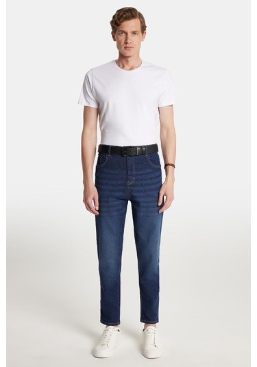 Erkek Straight Fit Bol Kesim Denim Yıkamalı Efektli Esnek Lacivert Jean Kot Pantolon-34088 Lacivert