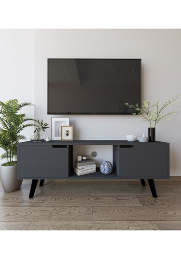 Siena Ahşap Ayaklı Tv Ünitesi Antrasit Televizyon Konsolu 140 Cm Ekonomik Modül Sehpa
