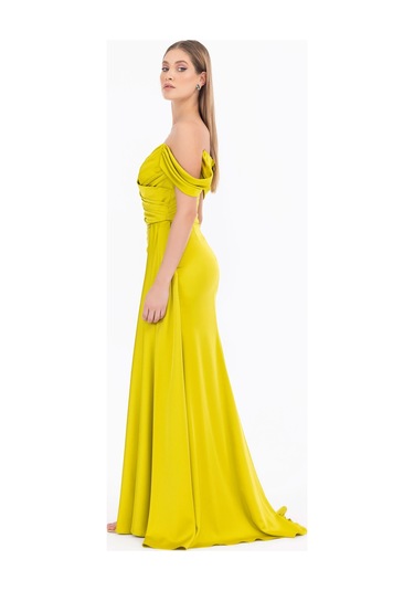 Kruvaze Yaka Yırtmaçlı Saten Dokuma Abiye-yeşil Yeşil