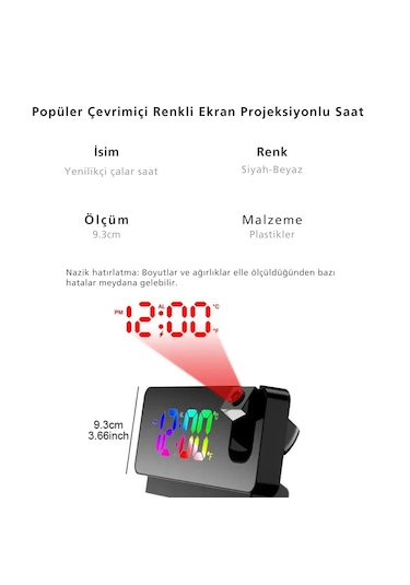 Monozone Aynalı Projeksiyon Saat Renkli Ekran Çalar Saat Takvim