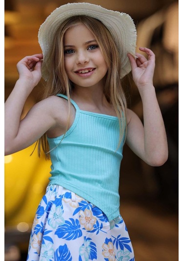 Riccotarz Kız Çocuk Kaşkorse Crop Ve Dijital Baskılı Mavi Etekli Takım 001