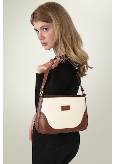 Housebags Ayarlanabilir Omuz Askılı Kahverengi Soft Krem Bag Kanvas Krem