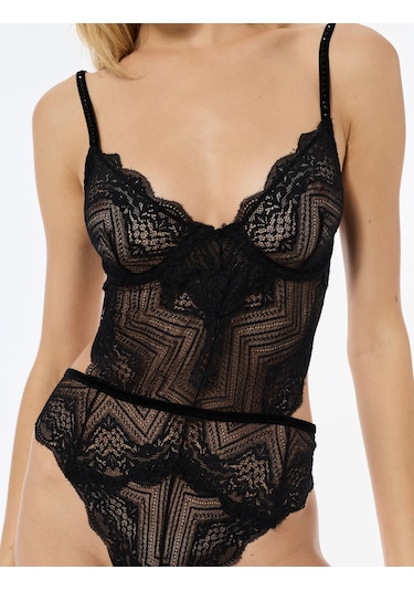 Koton V Yaka Askılı Dantelli Bodysuit Siyah 6wlk00005mk Siyah