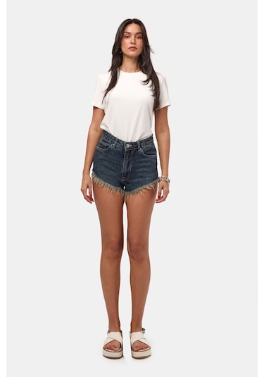 Itsbasic Kadın Koyu Kot 2s6 Mini Boy Paça Püsküllü Denim Şort