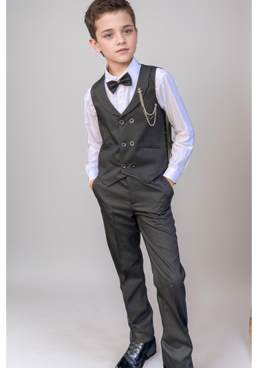 Riccotarz Erkek Çocuk Cepken Yelekli Şal Yaka Siyah Takım Elbise 10-16 Yaş Siyah