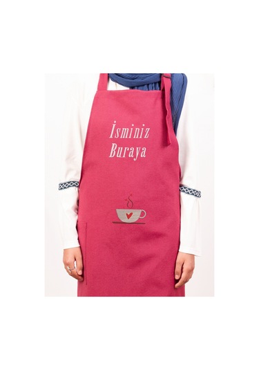Mutfak Önlüğü Kişiye Ve İsme Özel Nakışlı Mutfak Önlüğü Kalpli Kupa Farklı Renkler Bordo