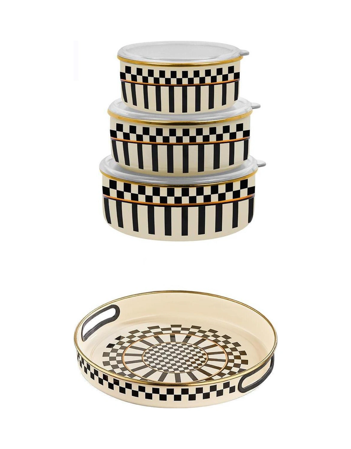 Prime Cream 3 Lü Emaye Saklama Kabı Ve Emaye Servis Tepsisi 28 Cm Krem