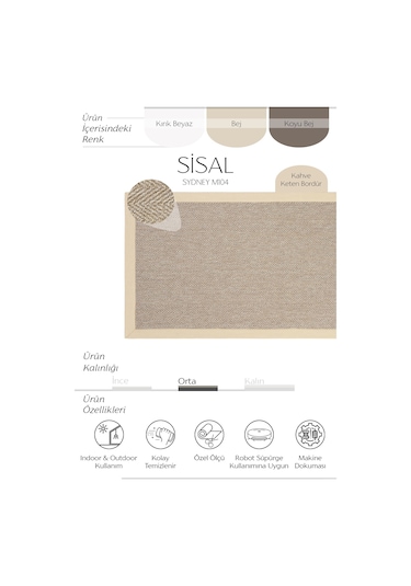 Cool Halı Sydney M104 Mutfak Halısı Leke Tutmaz Tezgah Önü Yolluk Dokuma Bordürlü İthal Sisal Halı