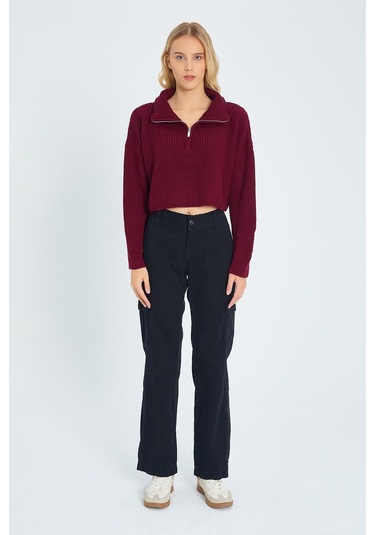 Mixray 6752 Kadın Crop Fermuarlı Kazak Bordo