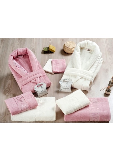 Nurpak Bambu Aile Bornoz Seti Gül Kurusu Krem