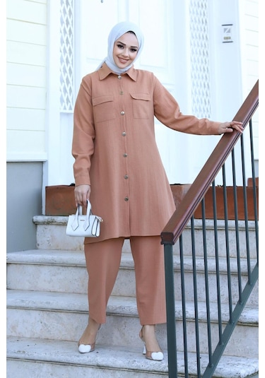 Cep Detaylı Tesettür Camel Takım Camel