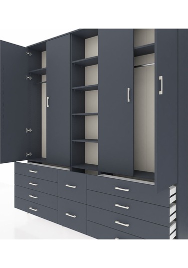 Arges Dolap 9 Raflı 10 Çekmeceli 2 Askılı 220x30x243 Antrasit-antrasit/antrasit Antrasıt/antrasıt