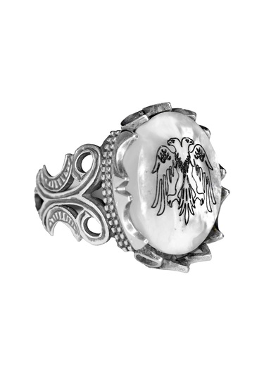 925 Ayar Gümüş Erkek Yüzük - 5.30 Karat Doğal İnci Taşı, Çift Başlı Kartal Tasarımı Gümüş